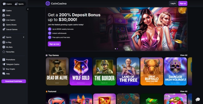 Hemsida för CoinCasino med välkomstbonus, topplista med spel som Dead or Alive och Wolf Gold.