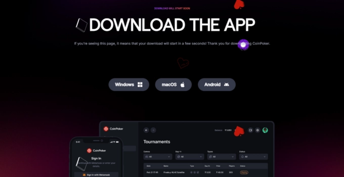 Nedladdningssida för CoinPoker med alternativ för Windows, macOS och Android samt en visning av appens gränssnitt.