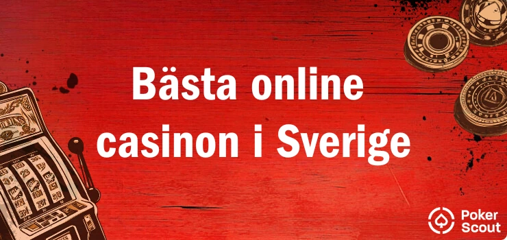 En röd bakgrund med texten bästa online casinon i Sverige och illustrationer av spelautomater och pokerchips.