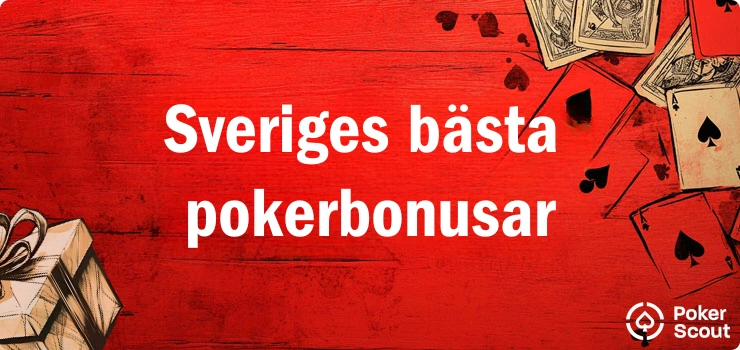 Röd bakgrund med texten Sveriges bästa pokerbonusar vid spelkort och ett presentpaket.