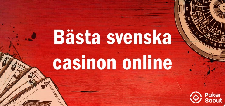 Röd bakgrund med texten Bästa svenska casinon online och illustrationer av spelkort och ett roulettehjul.