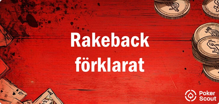 Röd bakgrund med texten Rakeback förklarat och illustrationer av mynt och spelkort.