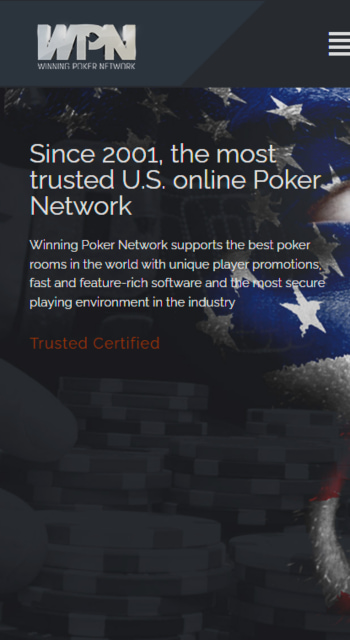 Startsida för Winning Poker Network med fokus på deras amerikanska pokernätverk och pålitlighet sedan 2001.