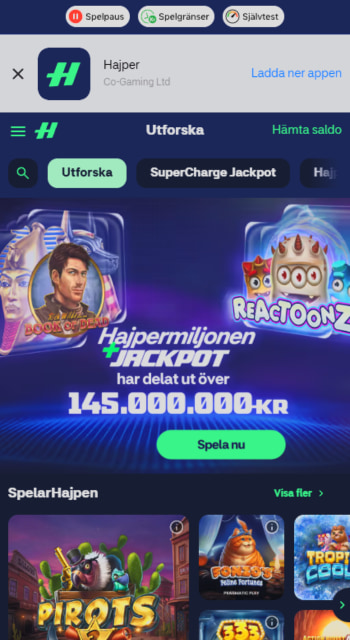 Hajpers bettingsida med fokus på insättningsbonusen på mobilen