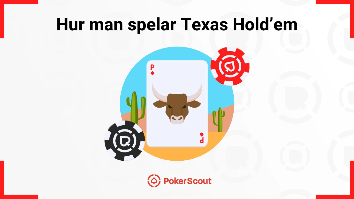 Illustration av ett Texas Hold’em-tema med ett spelkort med en tjur samt texten Hur man spelar Texas Hold’em.