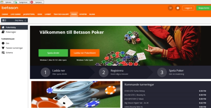 Skärmbild av Betssons pokersida med instruktioner för att spela poker och kommande turneringar.