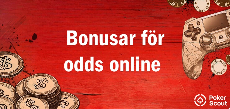 Texten Bonusar för odds online på röd bakgrund med staplade mynt och en spelkontroll.