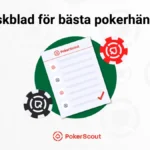 Fuskblad för pokerhänder med PokerScout-logga, marker och en lista med ikoner på ett grönt runt underlag.