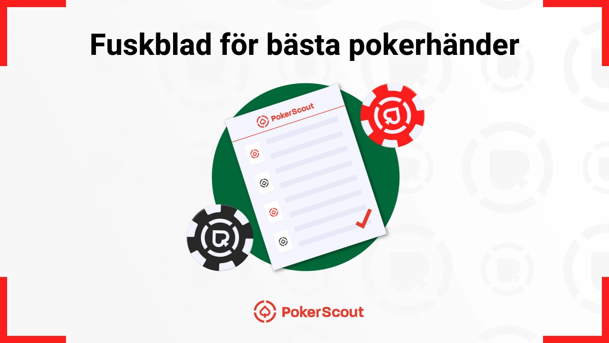 Fuskblad för pokerhänder med PokerScout-logga, marker och en lista med ikoner på ett grönt runt underlag.