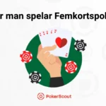 Illustration av en hand som håller fem spelkort med pokerchips runt, med texten Hur man spelar Femkortspoker.