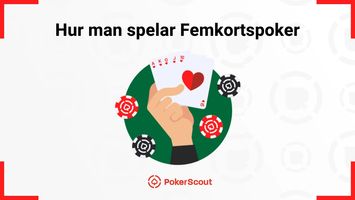 Illustration av en hand som håller fem spelkort med pokerchips runt, med texten Hur man spelar Femkortspoker.