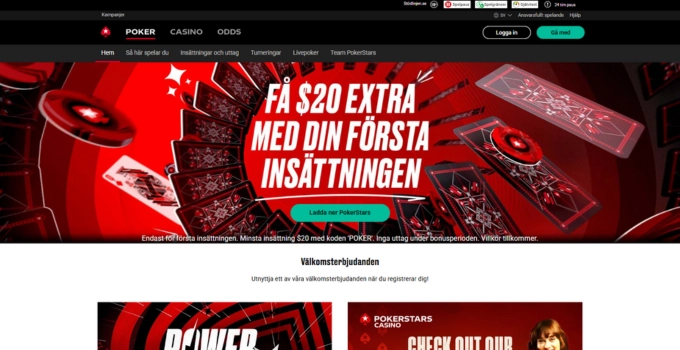 Skärmbild av PokerStars pokersida med kampanj för $20 bonus vid första insättningen och röd design.