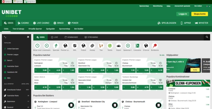 Unibets bettingsida med live odds, Premier League-spel, populära kombinationer och information om Glenn-kuponen.