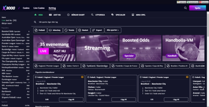 X3000:s bettingsida med sektioner för streaming, boosted odds, handbolls-VM och populära sportevenemang.