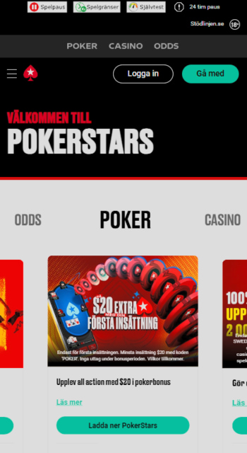 Skärmbild av PokerStars pokersidapå mobilen