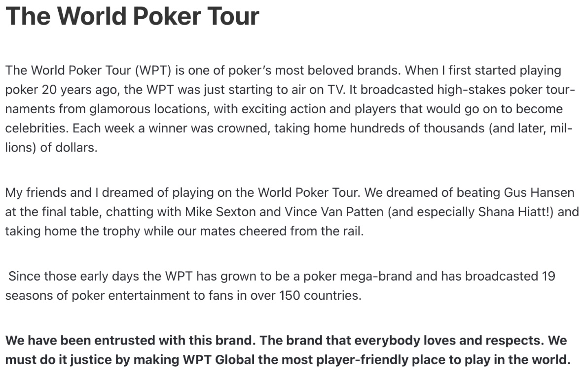WPT Poker Message to Employees
