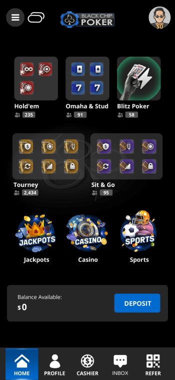 Black Chip Poker Review The Black Chip Poker lobby as seen on the Android mobile app