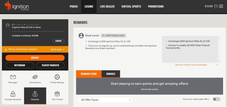 Ignition Review The Rewards page of an Ignition account