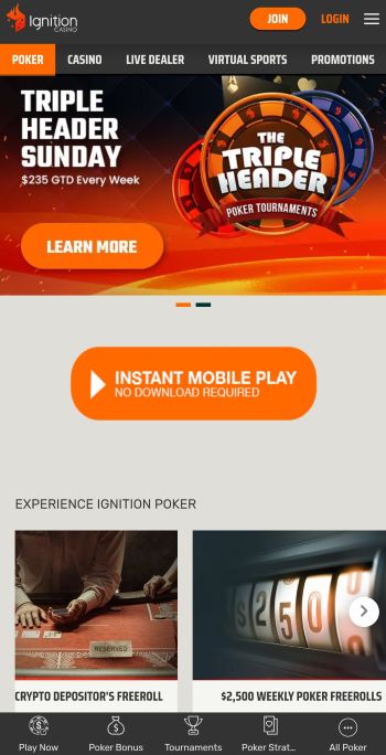 North Carolina online poker Ignition poker homepage showcasing the option to play in a browser