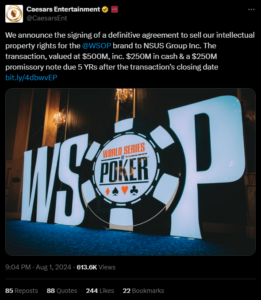 Caesars Entertainment sell WSOP brand to NSUS Group Inc.