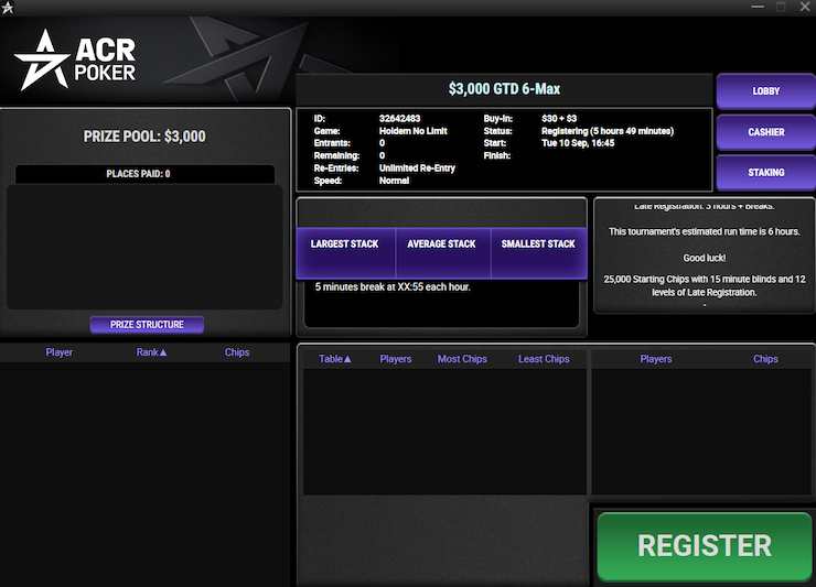 An MTT lobby at ACR Poker