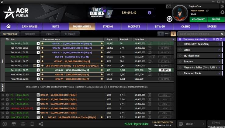 ACR poker tournament lobby