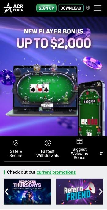 The ACR Poker mobile site featuring the new player bonus