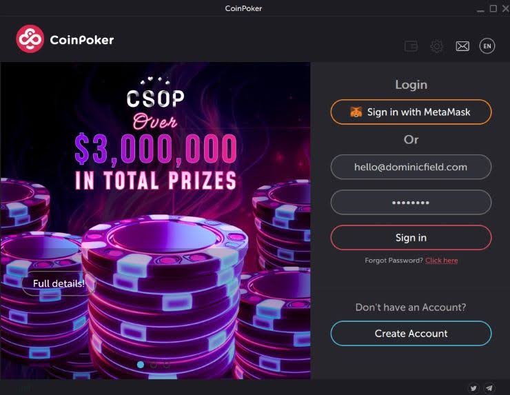 Login screen to enter a poker tournament at CoinPoker