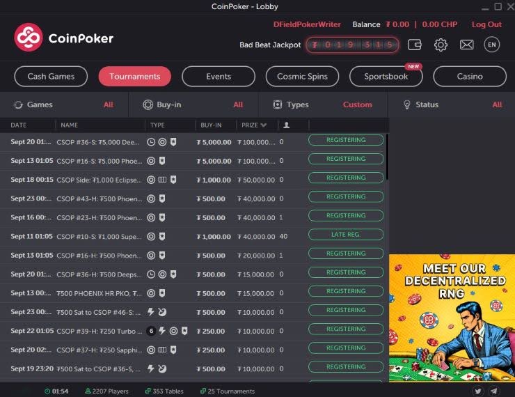 Poker lobby to enter a poker tournament at CoinPoker