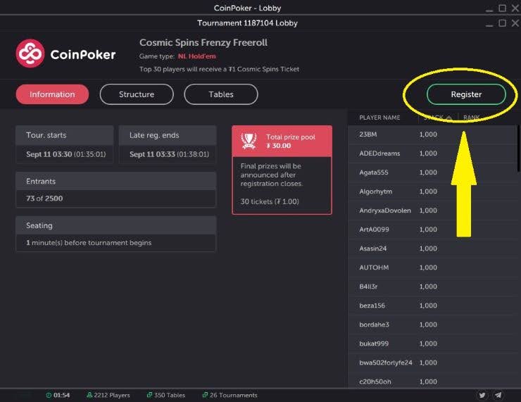 Registration button to enter a poker tournament at CoinPoker