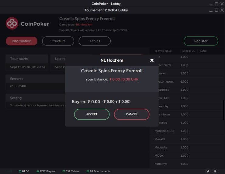 Confirmation page to enter a poker tournament at CoinPoker