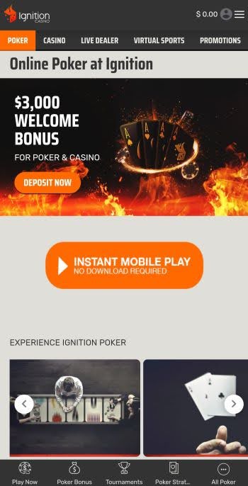 The Ignition mobile site showing the instant mobile play option