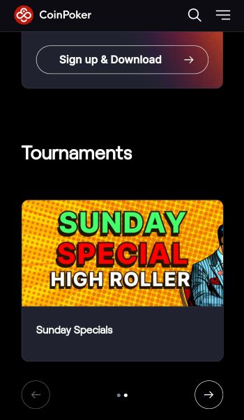 PA online poker The CoinPoker mobile homepage displaying a Sunday Specials banner