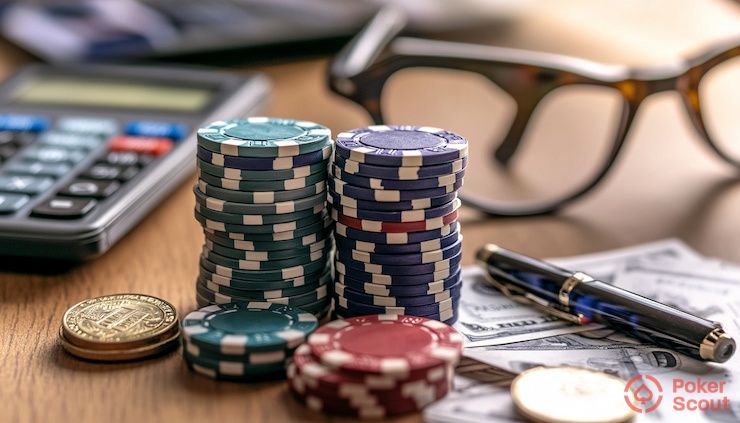 Poker chips and a calculator on a busy desk