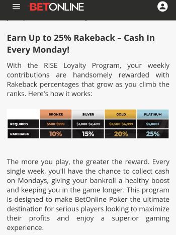 poker rakeback deals BetOnline uses a tier-based rakeback system