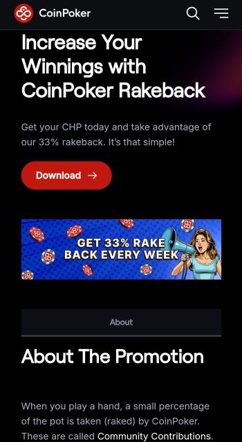 poker rakeback deals CoinPoker mobile site explaining the 33% rakeback promo