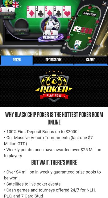 poker rakeback deals The Black Chip Poker homepage as seen on mobile