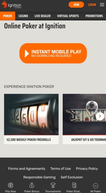 poker rakeback deals The Ignition poker homepage as seen on mobile