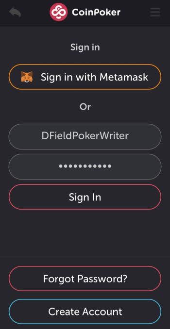 The CoinPoker mobile app login screen