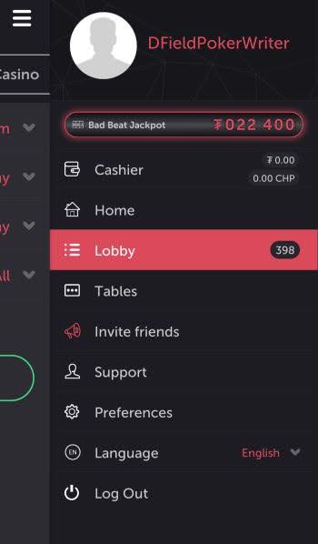 The CoinPoker app menu