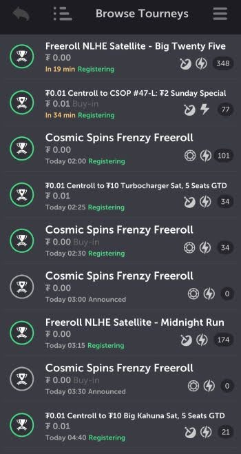 A selection of freerolls on the CoinPoker mobile app