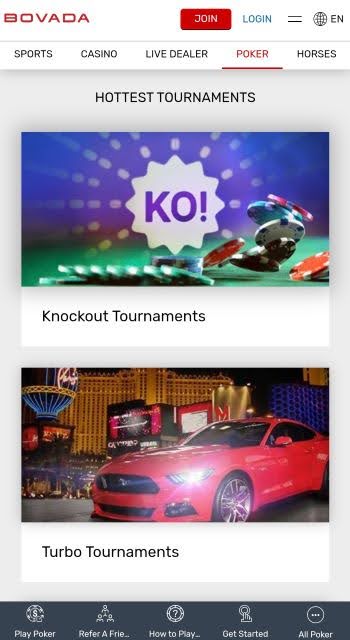 The Bovada poker homepage on mobile