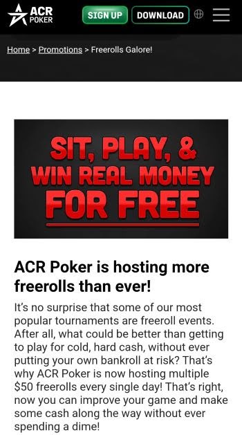 The ACR Poker homepage on mobile