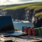 Poker chips and laptop in Irish setting