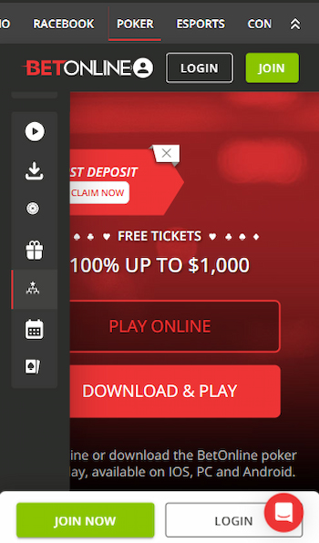 BetOnline mobile poker homepage