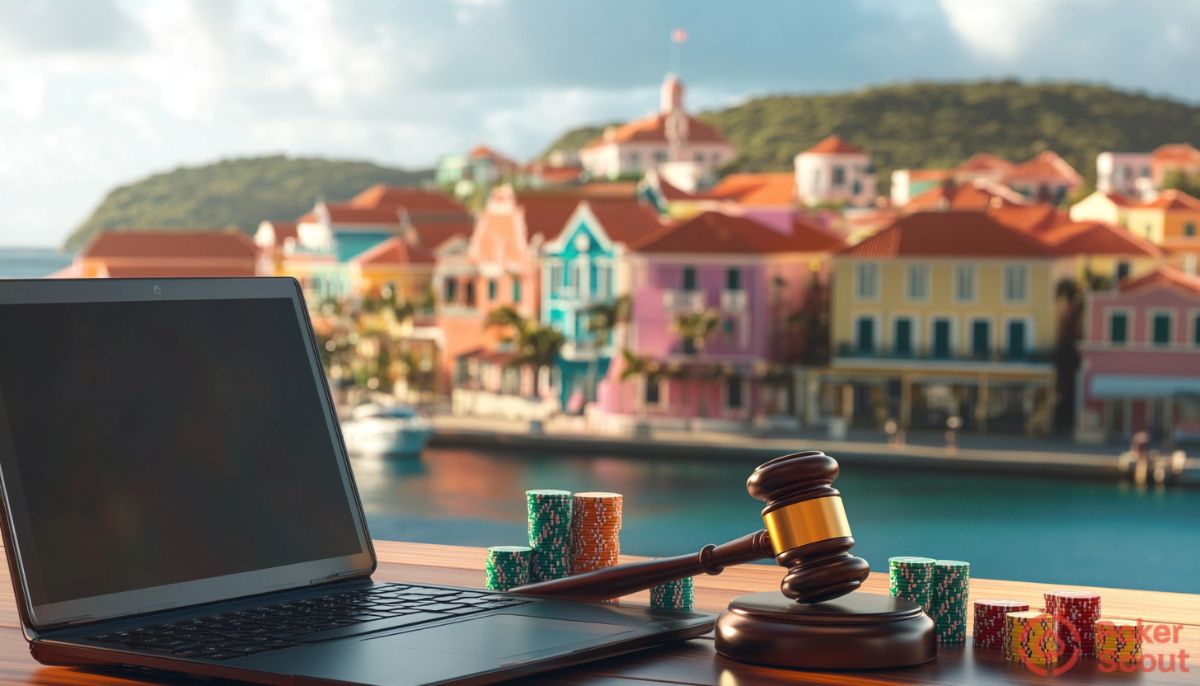 Poker laptop and chips with Curacao backdrop