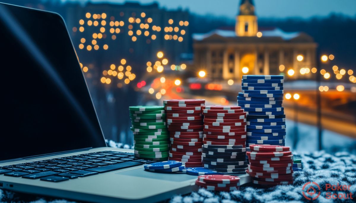 Poker chips and laptop in Pennsylvania setting